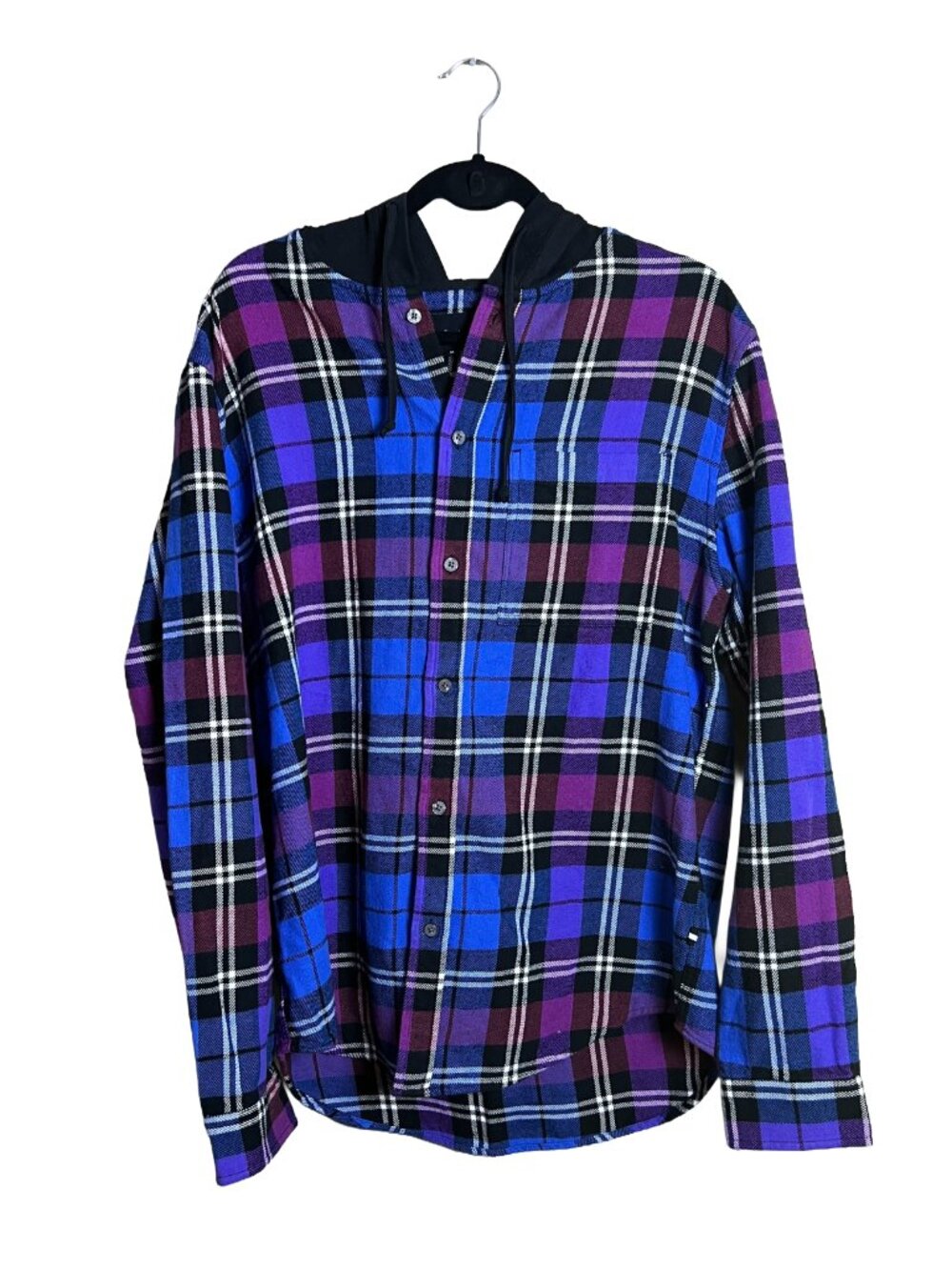 Edgar + Ash Hooded Plaid Flannel Shirt Purple Blue Streetwear Medium